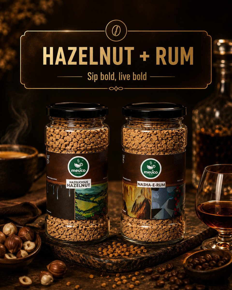 Hazelicious Hazelnut & Nasha-E-Rum Combo Premium Instant Coffee 50 gms - Meuco